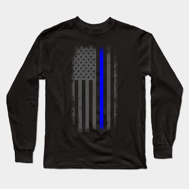 Vertical Thin Blue Line American Flag Long Sleeve T-Shirt by Runesilver